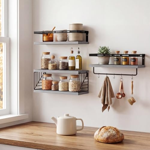 Fixwal Wall Mounted Bathroom Shelves Over Toilet, Rustic Wood Floating Shelves with Metal Frame and Towel Bar for Bathroom, Kitchen, Bedroom, Living Room (3 Plus 1 Gray) - color: 2-gray