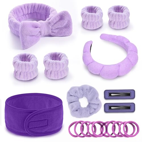 20 Piece Spa Set, Face Wash Headband and Wristband, Bubble Headband, Gifts for Ladies, Women's Headbands (Purple) - color: Purple