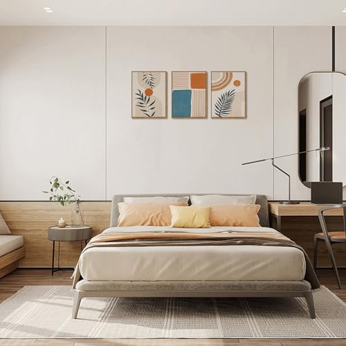 Bwodke Framed Boho Canvas Wall Art Mid Century Modern Prints Set of 3 Neutral Geometric Line Leaf Paintings Decor Minimalist Abstract Pictures Bedroom Living Room Bathroom - color: Boho Blue, size: 12"x16"Natural
