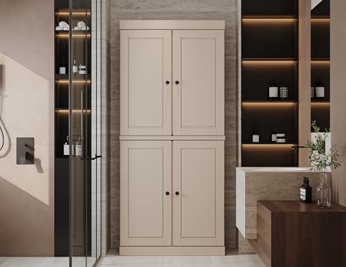 100% Solid Wood 32" Bathroom Cabinet with Rasied Panel Wood Doors - color: Beige
