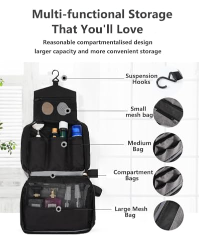 Hanging Toiletry Bag, Black | Wash Bag, Makeup Cosmetic Organizer, Women or Man, Foldable Compact Size, Super Durable Fabric - color: Black