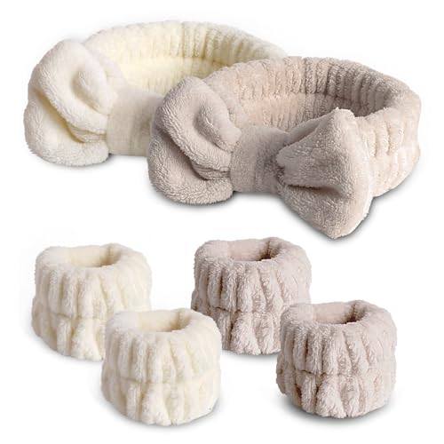 WSYUB Face Wash Headband,Spa Headband and Wristband Set,Headbands and Wristband for Washing Face,Skincare&Makeup Headbands - color: Khaki and Beige