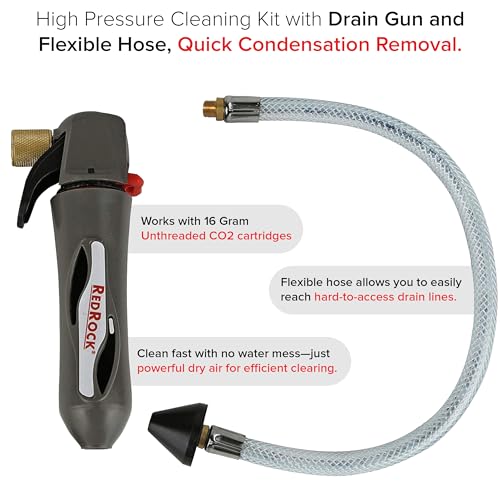 RedRock AC Drain Line Cleaner Tool | HVAC Condensate System Blaster | High Pressure Air Conditioner Unclogger Cleaning Kit with Gallo Gun and Flexible Hose | Compatible 16 Gram CO2 Cartridges