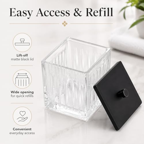 Vince Camuto Home Glass Cotton Jar Holder – Matte Black Lid, Elegant Bathroom Storage Canister for Qtips, Cotton Balls, Floss, Makeup Organizer, Vanity & Bathroom Organization - color: CLEAR GLASS MATTE BLACK LID