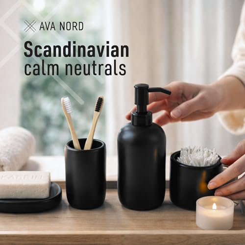 Ceramic Bathroom Accessories Set 4 Pcs – Modern Scandinavian Neutral Bathroom Soap Dispenser Set with Toothbrush Holder, Soap Dish & Cup – Minimalist Bathroom Accessory Set Decor - Black - color: Black