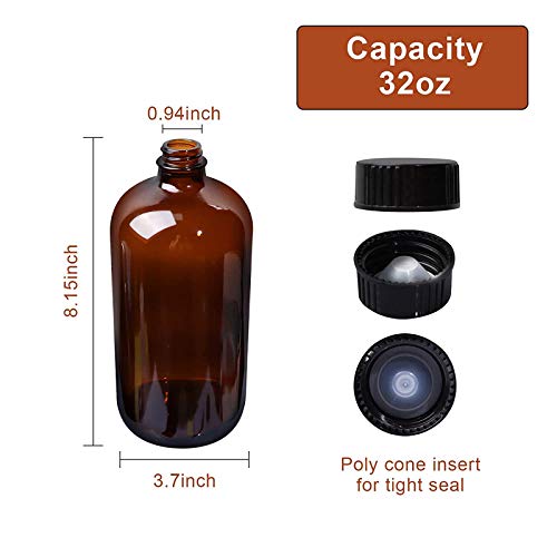 STARSIDE 4 Pack - 1 Liter 32 oz Amber Glass Boston Round Bottles with Air Tight Seal Phenolic Poly Cone Caps. Perfect Glass Containers for Secondary Fermentation,Storing Kombucha,Brewing and Juicing - size: L-32OZ-4pack