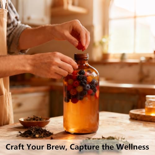 4 Pack 32 oz Amber Glass Boston Round Bottles with Phenolic Polycone Caps – Airtight, Leak-Proof Brown Bottles for Kombucha Brewing, Essential Oils, Storing Condiments, and Homemade Solutions - size: 32 Ounces