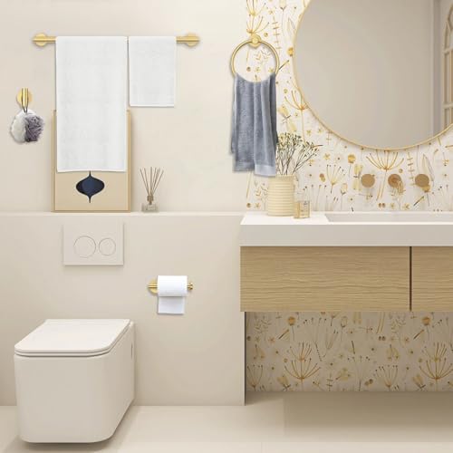 Brushed Gold Towel Bar Set 5 Pieces Round Bathroom Hardware Set Includes 23.6in Towel Bar Towel Ring Toilet Paper Holder Towel Hooks Stainless Steel Wall-Mounted Bathroom Towel Holder Set - color: 5pcs Brushed Gold