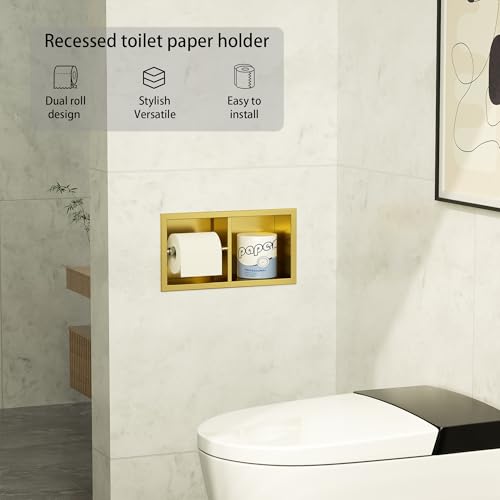 Neodrain Dual Roll Recessed Toilet Paper Holder - 304 Stainless Steel, Hidden in-Wall Design, Simple Loading and Unloading, Space-Saving for Modern Bathrooms（Gold - color: Gold