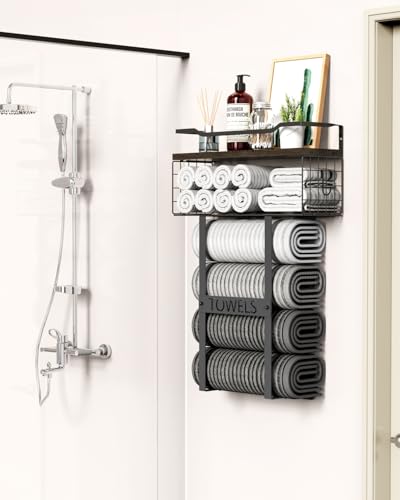 Rustic Brown Wood Vertical Towel Rack - Bath Wall Holder Set Above Toilet Storage, Rolled Towel Shelf Organizer for Small Bathrooms - color: Rustic