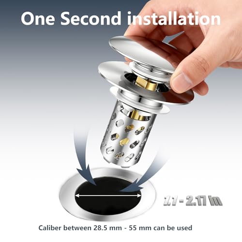 Bathroom Sink Stopper Pop-Up Sink Drain Strainer Hair Catcher | Universal 1.1"-2.17" Drains, Brass Core & Stainless Steel Mesh, Hair Catcher 2 in 1 bathroom Sink Stopper Strainer - color: Chrome-diagonal Holes
