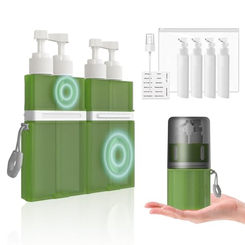 4 in 1 Travel Dispenser Bottle,TSA Approved Refillable Travel Size Toiletries Bottles Set with Suction Cup for Smooth Walls - for Shampoo,Conditioner,Body Wash,Lotion.(Green) - color: Green