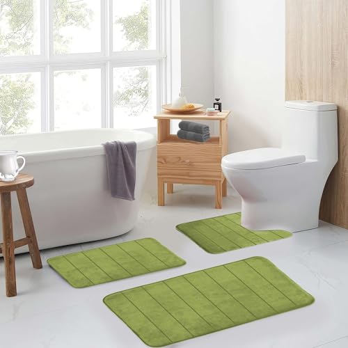 RUN HELIX Sage Green Bathroom Rugs Sets 3 Piece Memory Foam Non Slip Bath Mats for Bathroom Floor and U-Shaped Contour Toilet Rug, Soft Washable Bathrom Sets Mats and Rugs Sets for Toilet Shower Sink - color: Sage Green