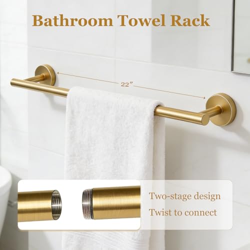 5-Pieces Wall Mount Bathroom Accessories Bathroom Hardware Set,22 Inch Stainless Steel Waterproof Towel Bars,Toilet Paper Holder with Shelf,Towel Ring,Coat Hook (Brushed Gold 5PC - Round) - color: Brushed Gold 5pc - Round