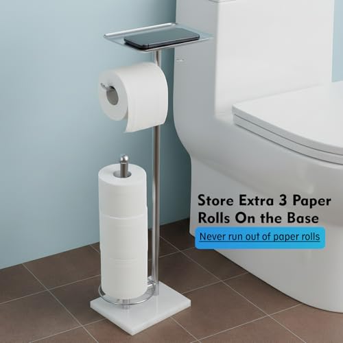 Toilet Paper Holder with Shelf, Free Standing Toilet Paper Holder with Storage - Toilet Paper Stand for Holding Extra 3 Rolls, Tissue Holder for Bathroom (Brushed Nickel with Marble Base) - color: Brushed Nickel With Marble Base