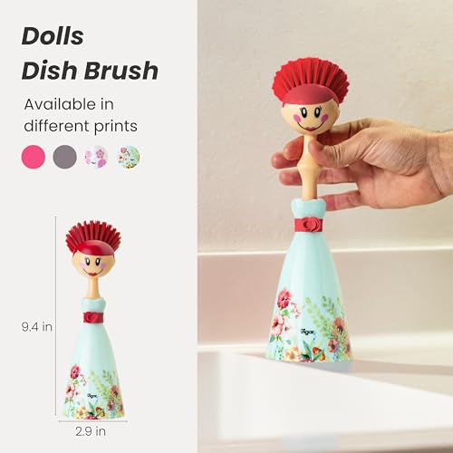 Vigar Dolls Dish Brush With Holder - Kitchen Scrub Brush For Dishes, Dish Scrubbing Brush With Handle, Sink Scrub Brush for Pot and Pan, Dish Brush With Stand, Cute Decorative Doll Design - Green, Red - color: Green, Red