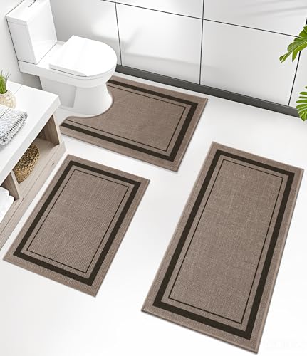chakme Bathroom Rug Sets 3 Piece, Ultra Thin Bath Mat Absorbent, Non Slip, Machine Washable, Dark Beige, 17" x 24" / 17" x 30" / 17" x 59" - color: Beige, size: 3-Piece (17" x 24" / 17" x 30" / 17" x 59")