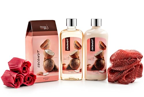 Coconut Spa with Wicker Gift Basket Bath & Body Set, Pink & Brown | Shower Gel, Body Lotion, Bath Salts, Soap Flowers, Wicker Basket