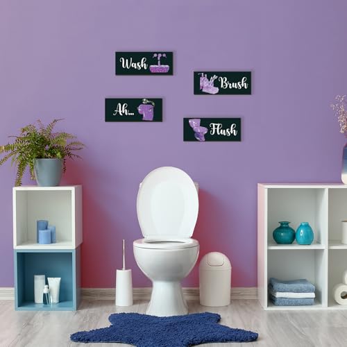 4 Pcs Purple Bathroom Decor Funny Purple And Black Wall Art Wooden Bathroom Accessories Modern Glitter Sign for Home Toilet(10x4 Inch) - color: Purple, size: 10 X 4 Inch