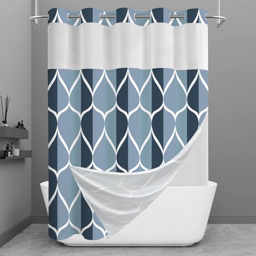 Yiatn No Hook Aegean Blue Shower Curtain with Snap in Liner Set - Hotel Style with See Through Mesh Top Window, Modern Geometric Waterdrop Design,Water-Repellent & Washable, 71x74 INCH - color: A. Aegean Blue, size: 71"W x 74"L (Pack of 1)