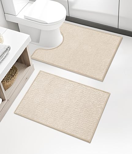 chakme Bathroom Rug Sets 2 Piece, Ultra Thin Bath Mat Quick Dry Bath Mat Set, Absorbent Bath Mats for Bathroom Non Slip Machine Washable, (Light Beige, 2 Piece) - color: Light Beige, size: 2Piece-Contour Rug