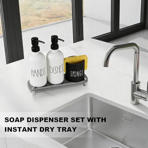 Kitchen Soap Dispenser Set,16.9 fl oz Hand and Dish Soap Dispensers with Tray, Kitchen Soap Dispenser Set with Sponge Holder, Instant Dry Tray,Kitchen Decor(White&Black) - color: White Bottle+black Pump