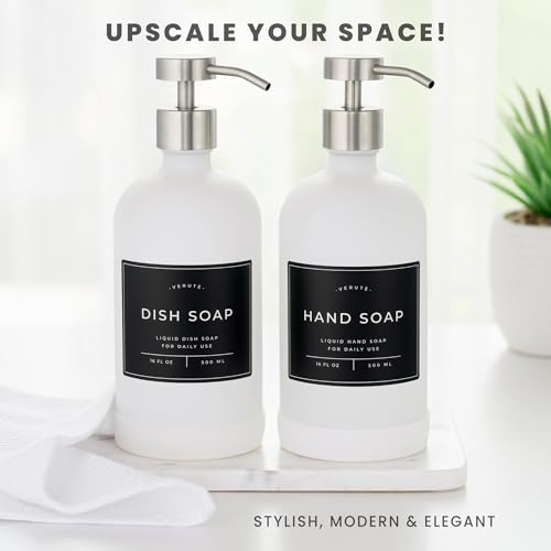 Hand and Dish Soap Dispenser for Kitchen and Bathroom, Set of 2 16 Oz Glass Bottles, Stainless Steel Pumps, Non-Slip Silicone Base, 27 Waterproof Labels (Matte White Bottle/Brushed Silver Pump) - color: Matte White Bottle / Brushed Silver Pump