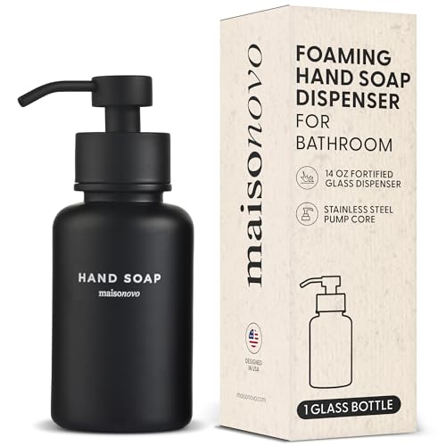 MaisoNovo Glass Foaming Hand Soap Dispenser 14 Oz | Black Foaming Soap Dispenser Black Pump x 1 w/Labels - color: Single Black Bottle With Black Pump