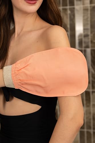 Feel Fine Turkish 100% Natural Plant Silk Exfoliating Gloves & Mitt Set – Hammam Kese for Body Scrub Mitt for Women & Men, Perfect for Shower, Bath, and Spa (Salmon&Gold)