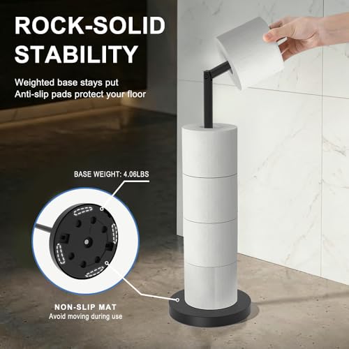 Free Standing Toilet Paper Holder Stand with Weighted Base, SUS304 180 Degree Rotatable Tissue Holder with Shelf, Can Extra Storage 4 Rolls, Black Bathroom Toilet Roll Holder - color: Matte Black