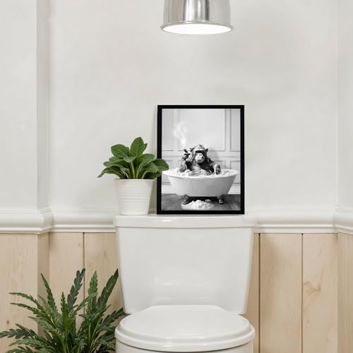 Urmoya Funny Monkey Bath Bathroom Decor Canvas Wall Art 8x10 in | Wood frame, Black and white bathroom decor, Funny chimpanzee in bathtub, Canvas print, Ready to hang - color: Chimpanzee, size: 10"L x 8"W