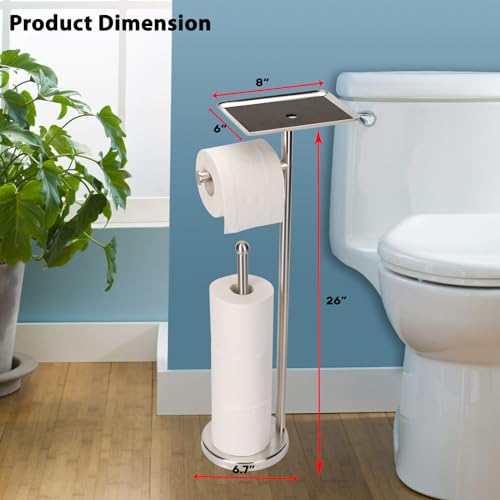 Noonext Toilet Paper Holder with Shelf, Freestanding Toilet Paper Stand with Tray for Small Items, Toilet Paper Holder Freestanding, Storage Space for 4 Extra Toilet Paper Rolls (Brushed Nickel) - color: Brushed Nickel