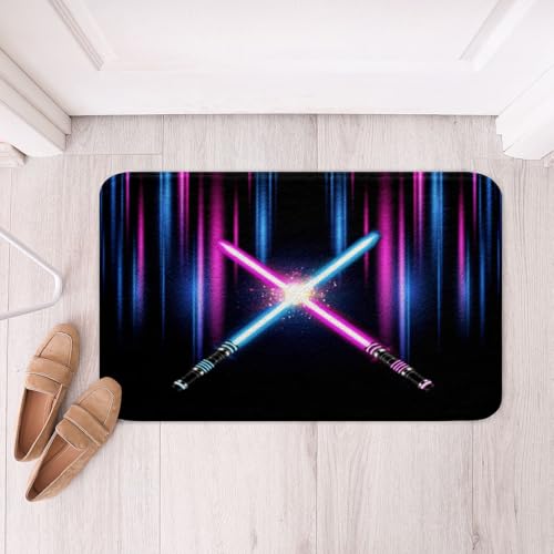 Purple Blue Light Up Sword Bathroom Rug Neon Light Geometric Abstract Ombre Non Slip Bath Mat Kids Boys Men Fashion Games Shaggy Absorbent Floor Mat Cool Black Bath Indoor Doormat Decor,20"x32" - color: Lightsaber 05, size: 20" x 32"