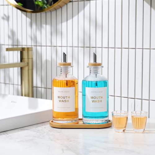 11.8OZ Glass Mouthwash Dispenser for Bathroom with Stainless Steel & Bamboo Nozzle, Mouthwash Cup Reusable, Bamboo Tray, and Elegant Gold Sticker.Set of 2（Clear - color: Clear/350*2