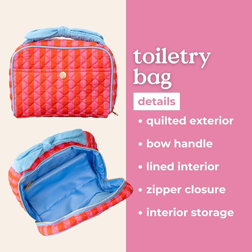 ban.do Quilted Toiletry Bag with Bow Handle, Stripes | Pink and Red Cosmetic Bag for Traveling, Spacious Organizer for Makeup with Interior Pockets and Zippers Closure