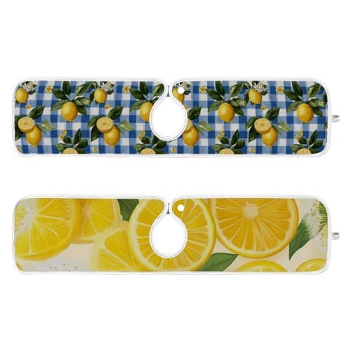Blue Gingham Summer Lemons Yellow Dandelions Sink Mat for Faucet Sink Splash Guard Faucet Handle Drip Catcher for Kitchen Bathroom Absorbent Microfiber Dish Drying - color: Blue Gingham Summer Lemons Yellow Dandelions, size: 23.6x5.5in x2