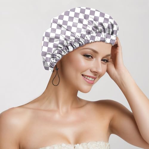 2 PCS Shower Cap Reusable Waterproof Adjustable Double Layer Elastic Dry Hair Bathing Caps Aesthetic Cute for Women Girls-Purple Black Gray - color: H-2-Purple Black Gray