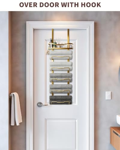 Hanging Towel Racks for Bathroom No Drill - 6-Tier Over The Door Bath Towel Storage Organizer for Small Bathrooms - Tiered Back of Door Towel Holder Hanger for Rolled Towels RV Camper Gold - color: Gold, size: 6 tier