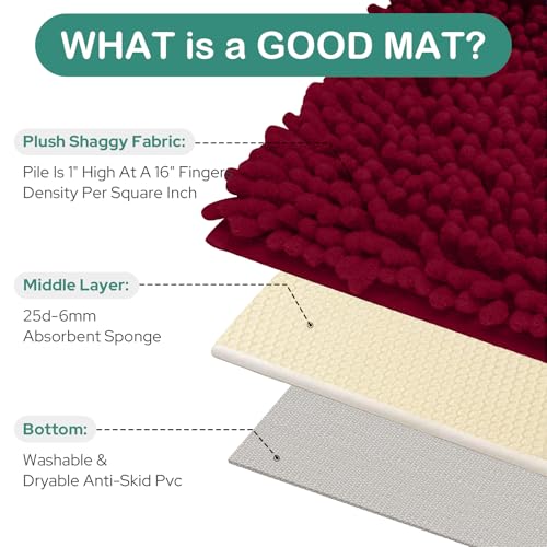 HOMEIDEAS Bathroom Rugs Set 2 Pieces, Ultra Soft Non Slip Absorbent Chenille Toilet Bath Mat Set (Burgundy) - color: Red-burgundy, size: 1'8" x 2'8" (U Shape 20"x24"+20"x32")
