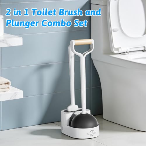 Sellemer Toilet Brush and Plunger Set, Curved Head Deep Clean, White 2 Pack | Brush and Plunger set, Curved Nylon Bristles for Deep Clean, Strong Suction Plunger, Ventilated Holder for Quickly Air Dry - color: White