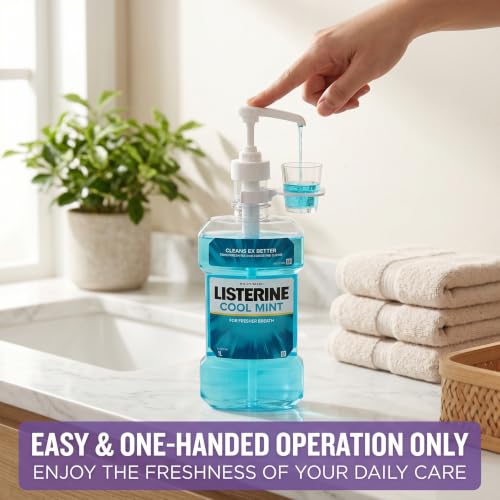 Dispenser Pumps for Listerine 1 or 1.5 Liter Mouthwash Bottles with Cup Holders, Resuable Cups and Clear Plastic Paper Cup Dispenser - Fits Total Care, Original, Zero Alcohol, Cool Mint, etc