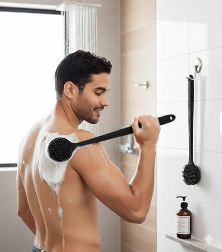 Macco Silicone Body Scrubber with Long Handle, Black, Soft Exfoliating Shower Brush for Back and Body