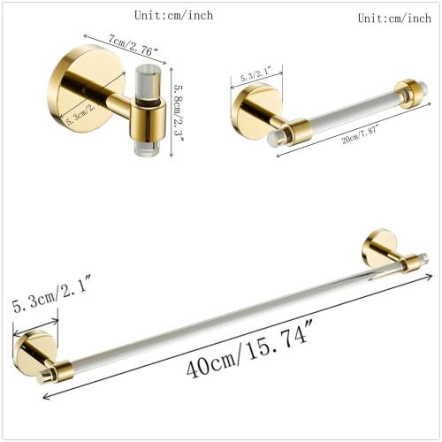 3 Pieces Bathroom Accessories Hardware Set Wall Mounted,Towel Rack 16 inches+Toilet Paper Holder+Hook,Acrylic and Brass,Gold Towel Bar Set SHUNLI - size: 3-Piece (40cm Towel Bar)