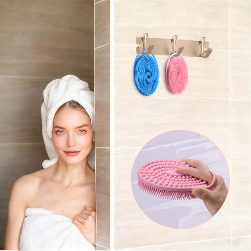 2 Pack Silicone Body Scrubber, Exfoliating Shower Scrubber for All Skin | 2 in 1 dual-sided design, soft bristles and massage bumps side, fast-drying, non-slip handle, for women and men, Blue+Pink - color: Blue&pink