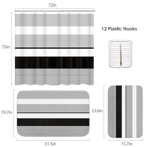 ArtSocket Black Striped Bathroom Set with Shower Curtain and Bath Rugs and Accessories,Boho Modern Non-Slip Shower Curtain Set,Bathroom Decor 3 Pcs - color: Black Striped