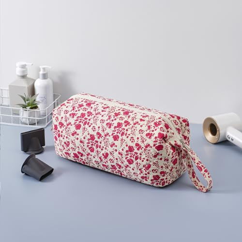 Large Quilted Hair Tools Travel Bag,Hair Styling Accessories Storage Case for Hair Dryer,Curling Iron,Flat Irons,Straightener and Attachments,Portable Organizer with Removable Dividers(17Red Flower) - color: 17Red Flower