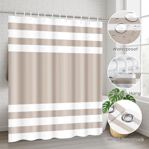 Striped Beige Shower Curtain Set with Toilet Lid Cover and Non-Slip Rugs for Bathroom, Minimalist Modern 4 Pcs Shower Curtain, Neutral Bathroom Set with 12 Hooks - color: Stripes Beige 2