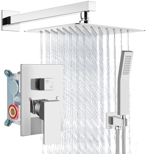 Aolemi Shower Faucet Set Rain Shower System with Handheld Spray Bathroom Shower Combo Rough-in Valve and Shower Trim Kit Included Polish Chrom 10 Inch Wall Mount Shower Head - color: Polish Chrome, size: 10 Inch Wall Mount Shower Head