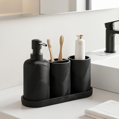 Bathroom Accessories Set, Bathroom Organizer Countertop, Matte Black, 4 PCS | Modern, Simple, Stripe, Resin, With Soap Dispenser, Toothbrush Holder, Mouthwash Cup, Vanity Tray for Home Hotel Office - color: Black1-4pcs