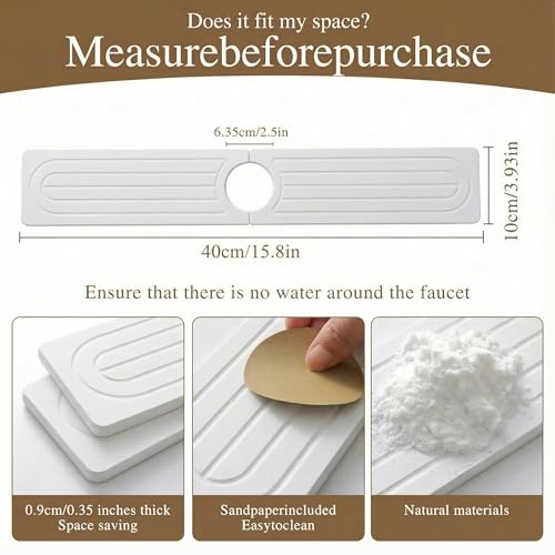 Diatomite Faucet Mat for Kitchen Sink, Quick-Dry Stone-Like Sink Mat, Flat Lay Absorbent Countertop Drying Mat for Faucet Area, Hard Diatomite Mat, White, 15.8 x 4 in - color: White-D2